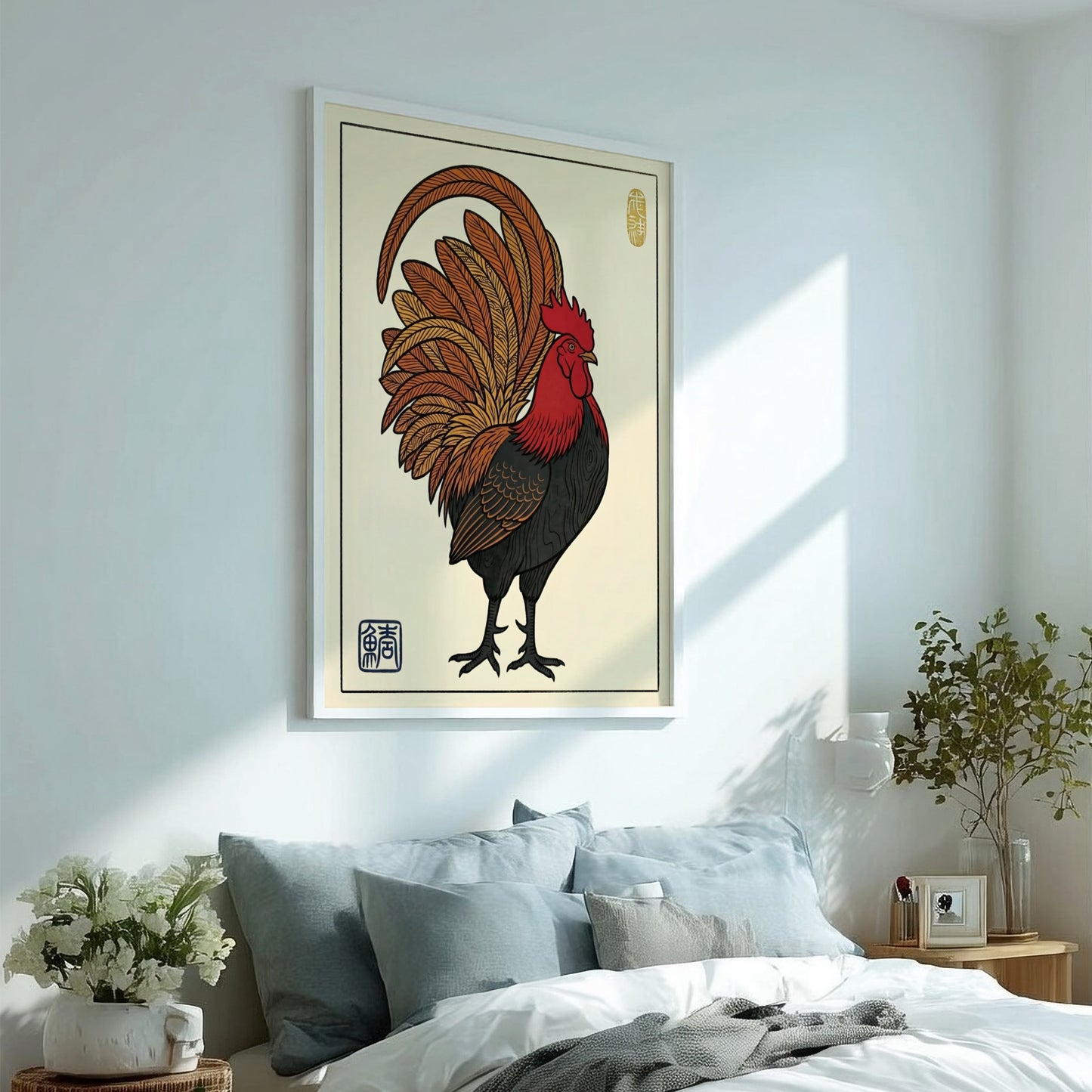 Japanese art style poster featuring a proud rooster with vibrant colors and intricate feather details