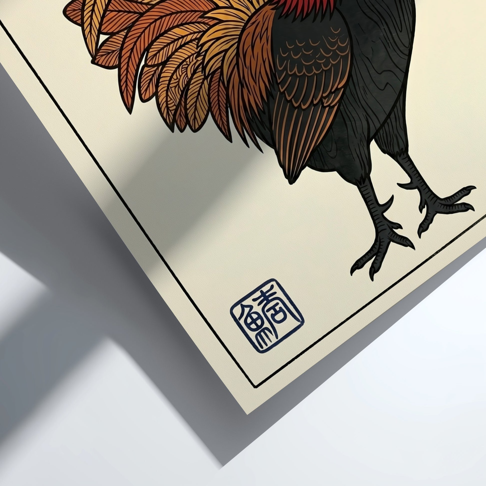 Japanese art style poster featuring a proud rooster with vibrant colors and intricate feather details