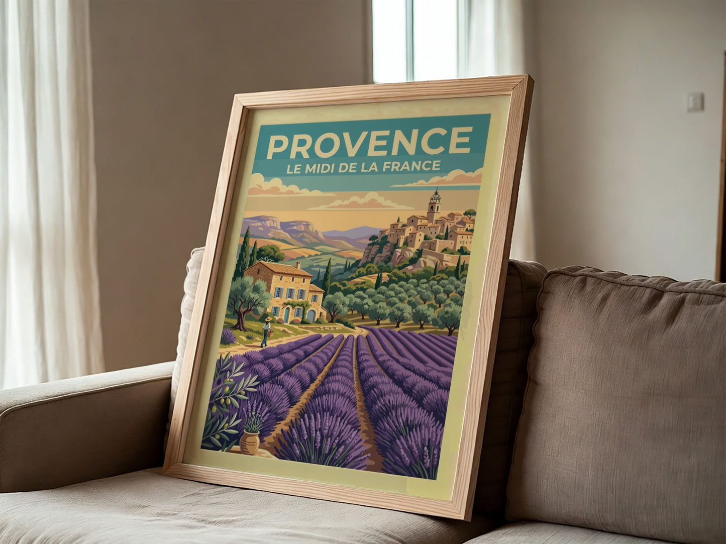 Travel poster of Provence featuring lavender fields and a rustic village in France.