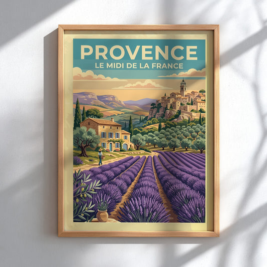 Travel poster of Provence featuring lavender fields and a rustic village in France.