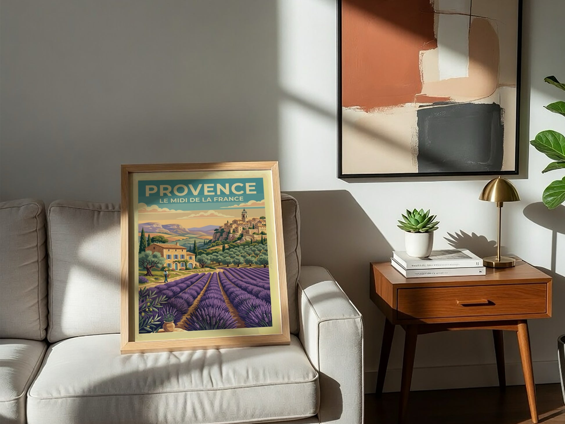Travel poster of Provence featuring lavender fields and a rustic village in France.