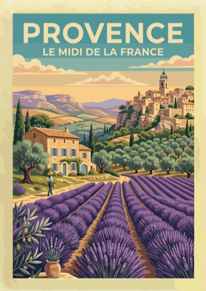 Travel poster of Provence featuring lavender fields and a rustic village in France.