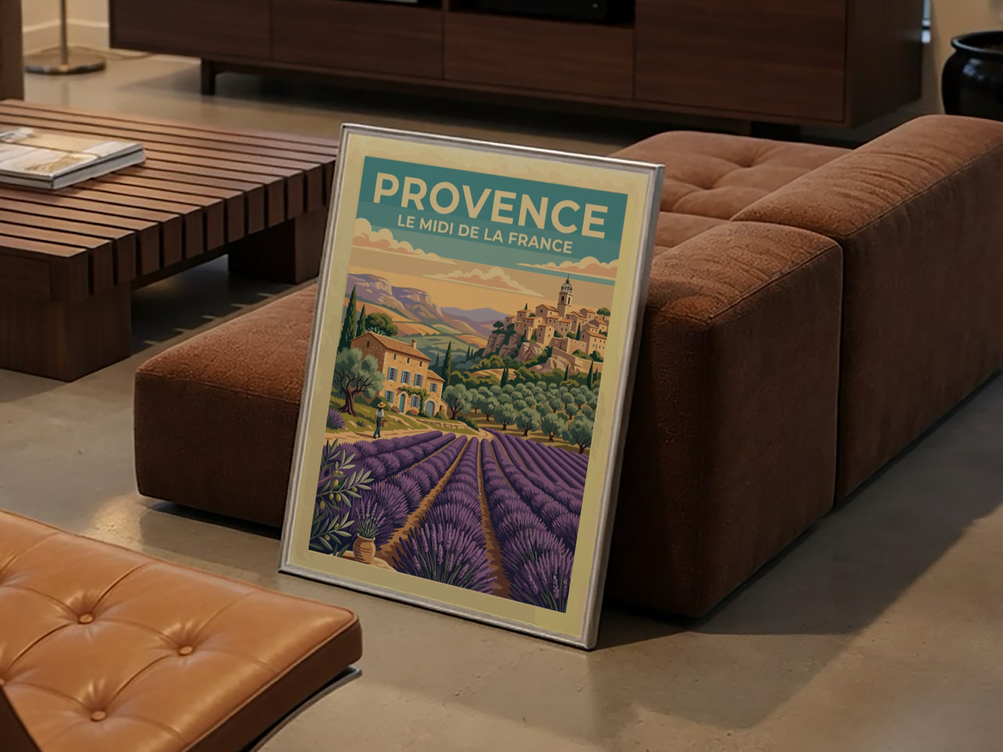 Travel poster of Provence featuring lavender fields and a rustic village in France.