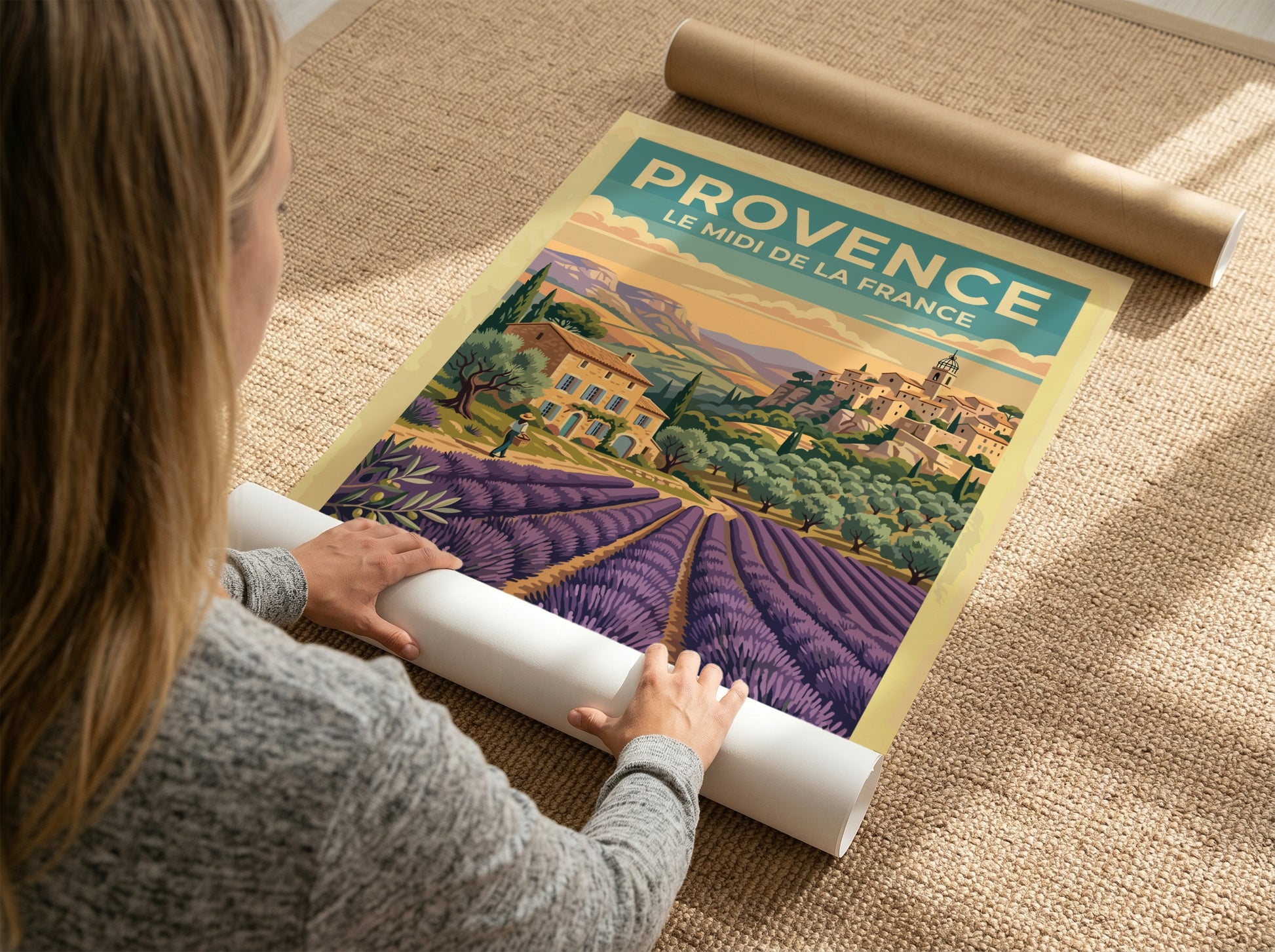 Travel poster of Provence featuring lavender fields and a rustic village in France.
