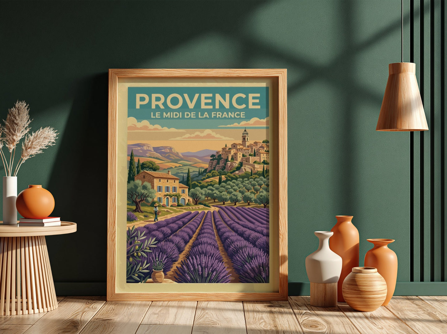 Travel poster of Provence featuring lavender fields and a rustic village in France.
