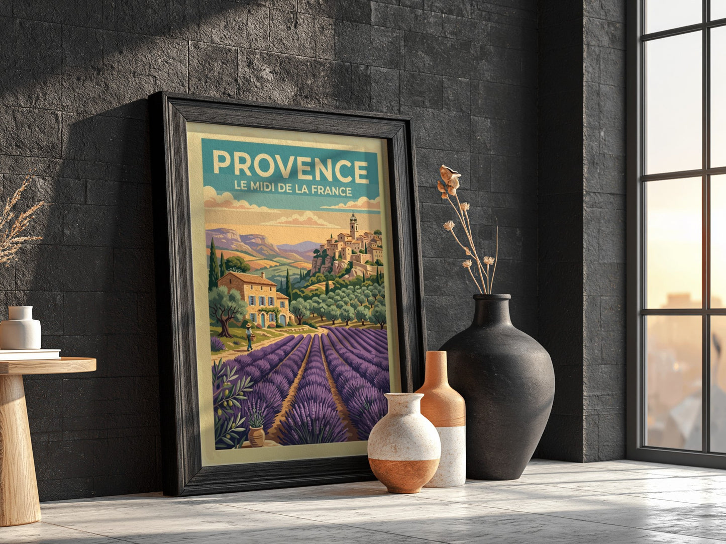 Travel poster of Provence featuring lavender fields and a rustic village in France.