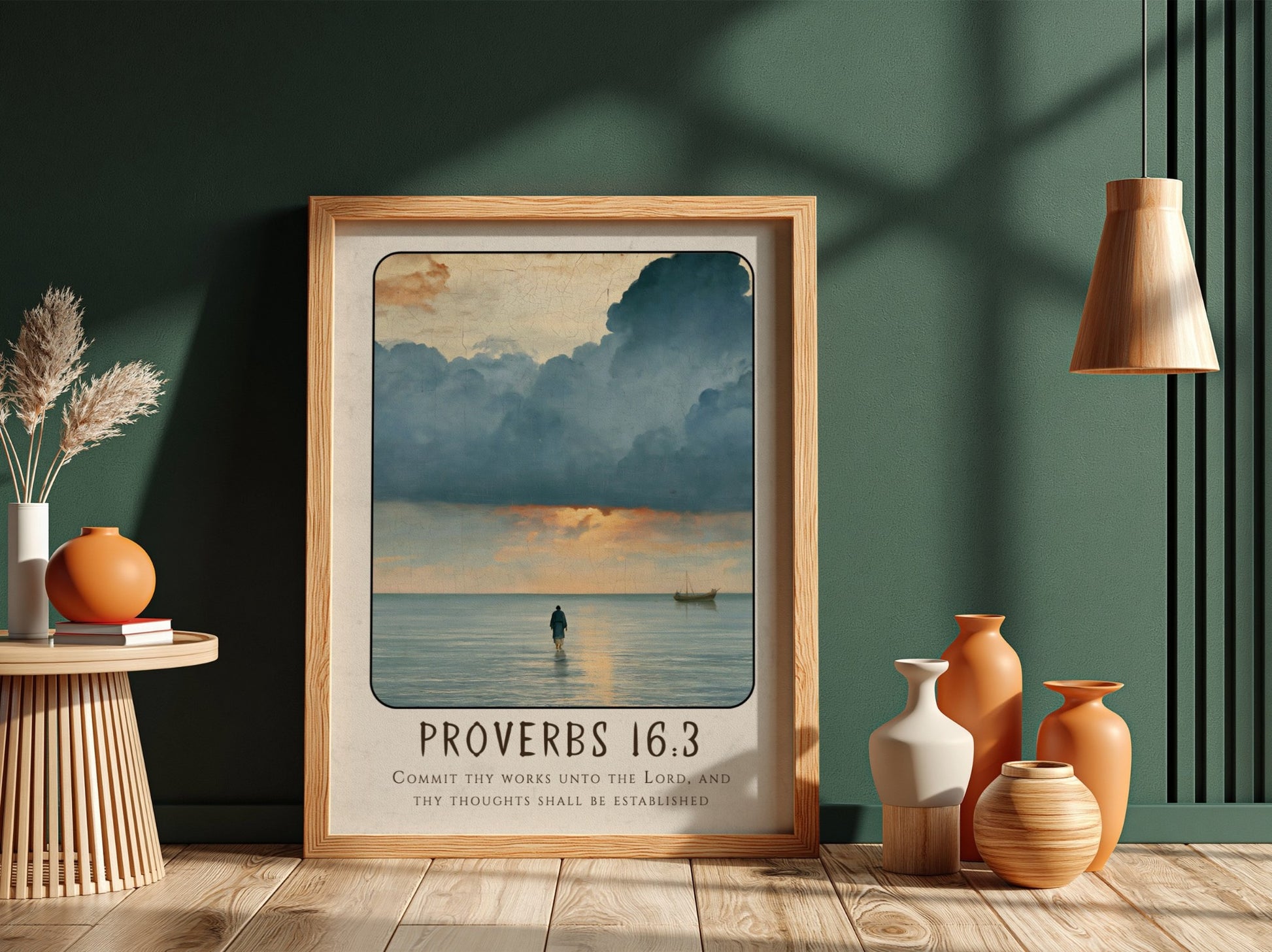 Proverbs 16:3 poster featuring serene seascape with calming colors, inspirational religious art for home