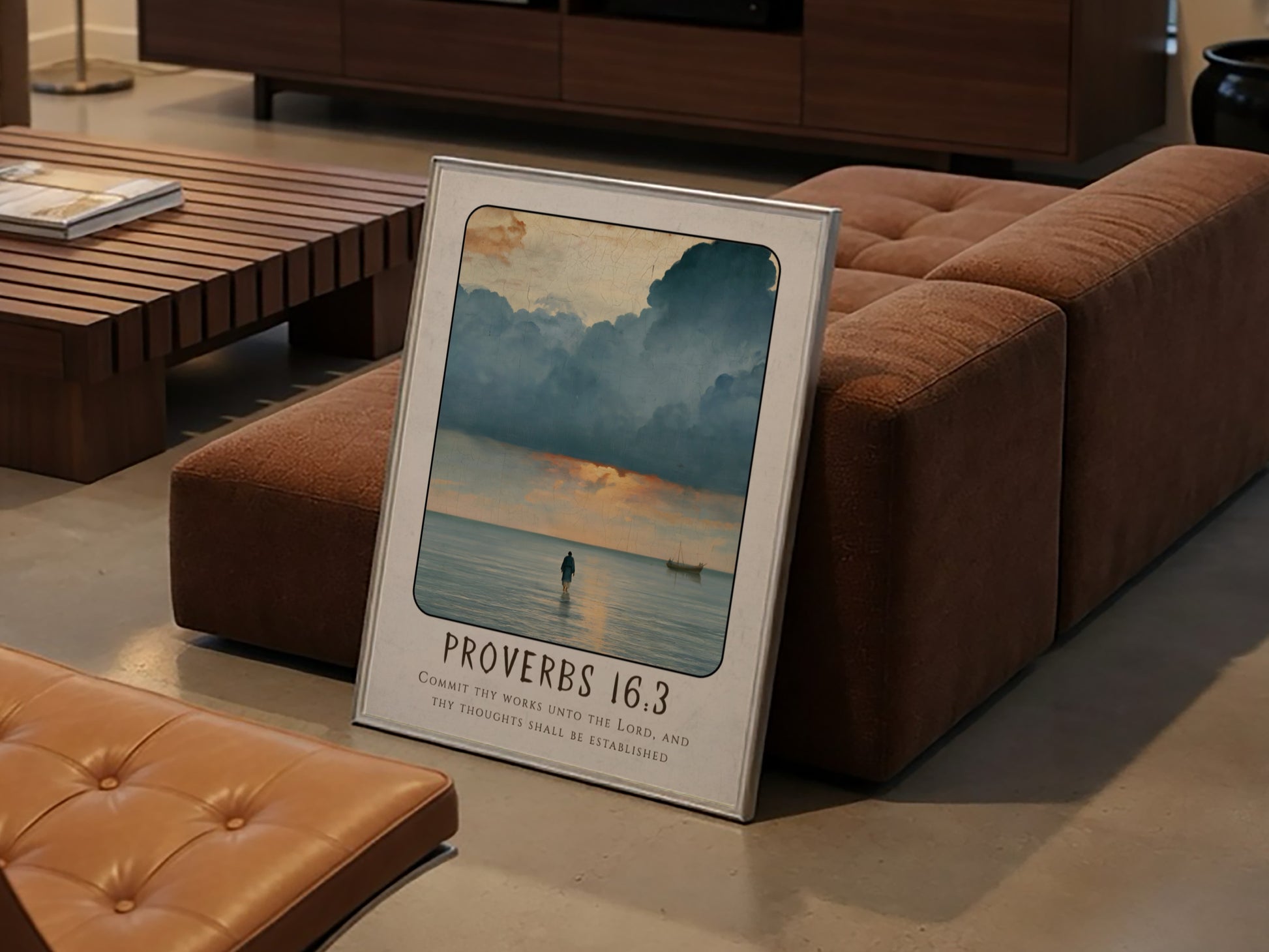 Proverbs 16:3 poster featuring serene seascape with calming colors, inspirational religious art for home