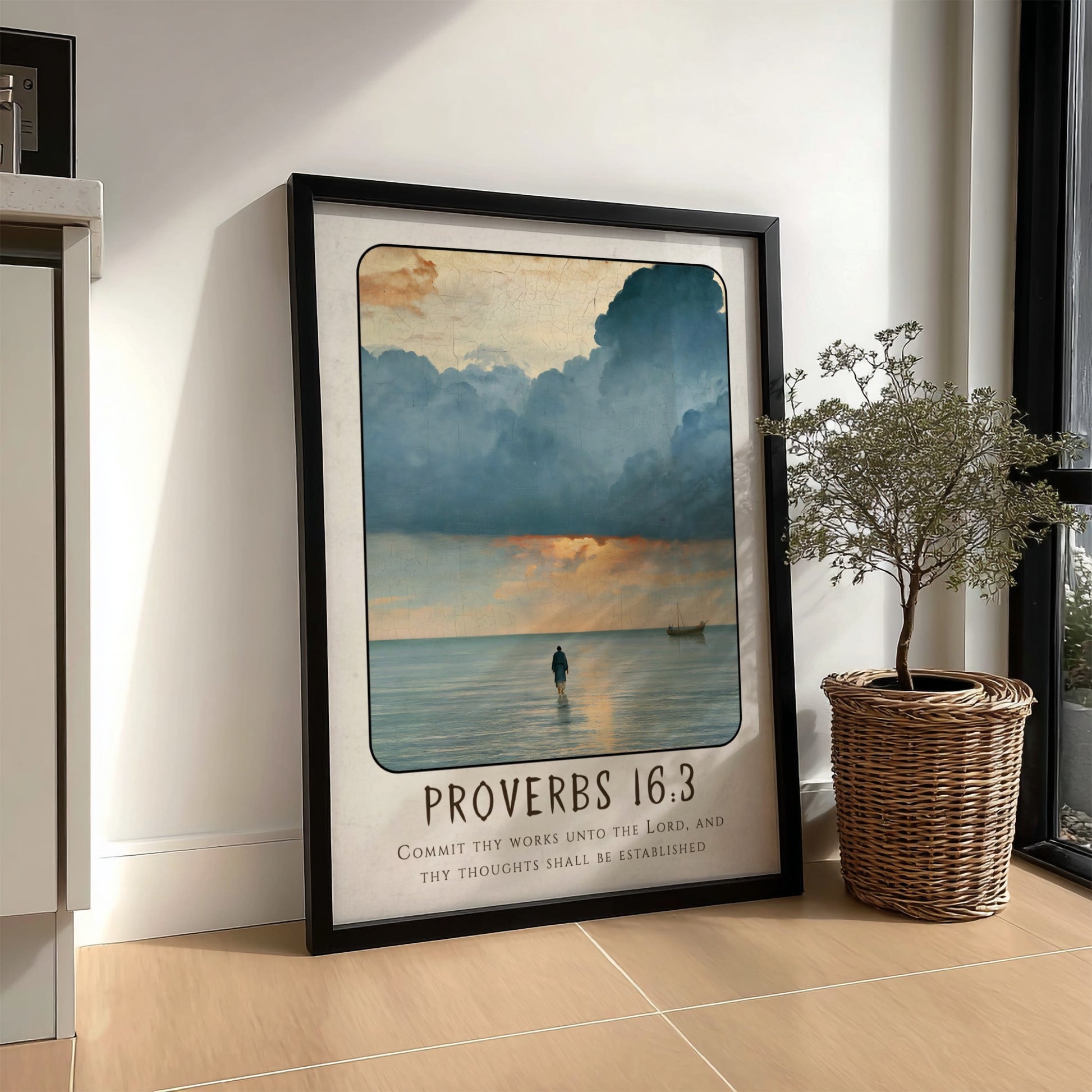 Proverbs 16:3 poster featuring serene seascape with calming colors, inspirational religious art for home