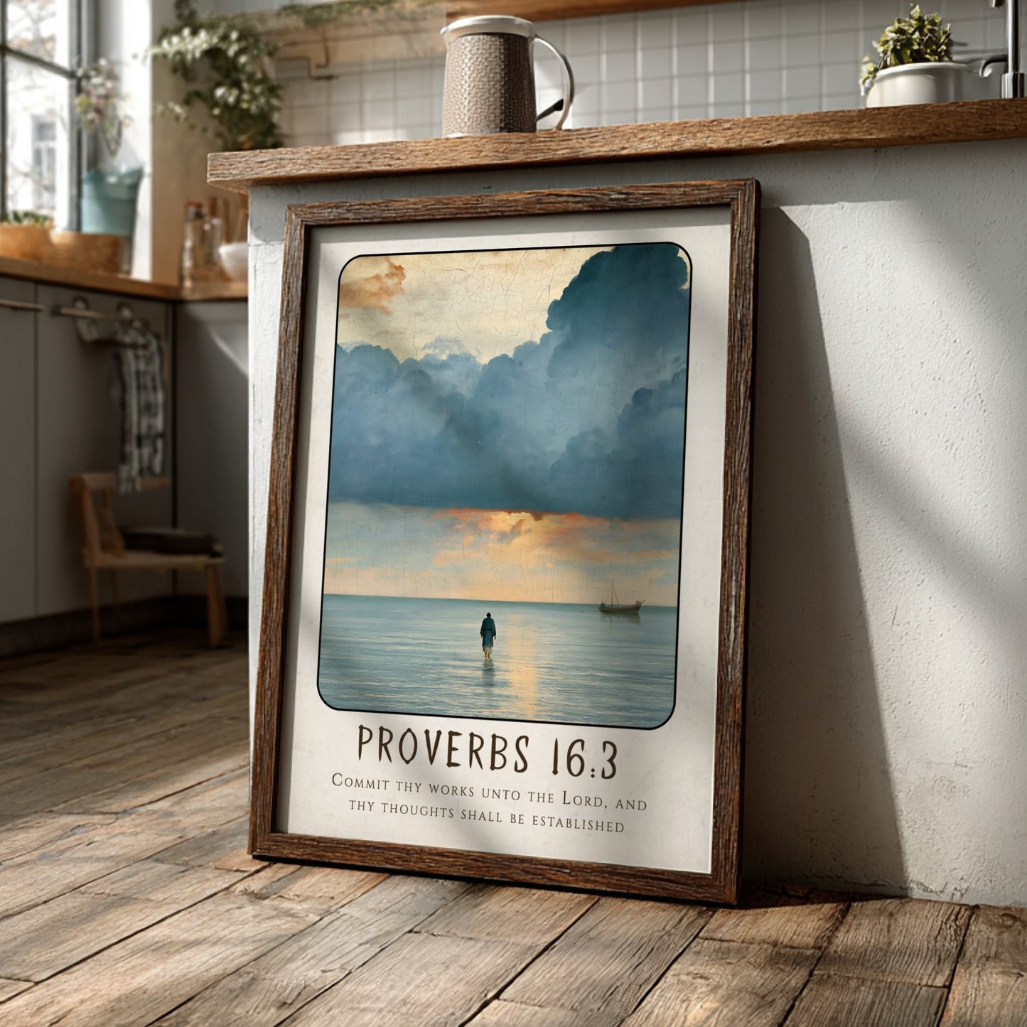 Proverbs 16:3 poster featuring serene seascape with calming colors, inspirational religious art for home
