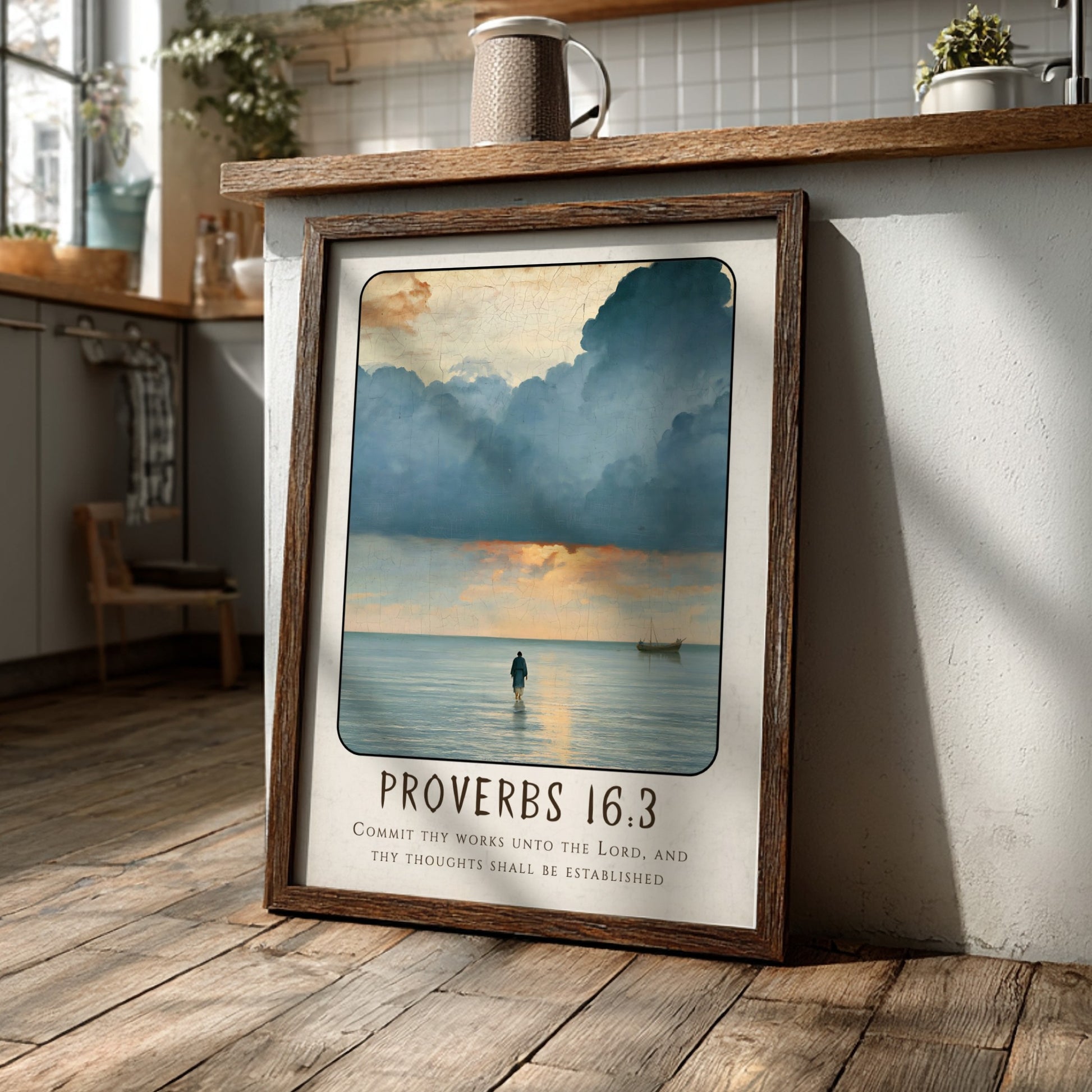 Proverbs 16:3 poster featuring serene seascape with calming colors, inspirational religious art for home
