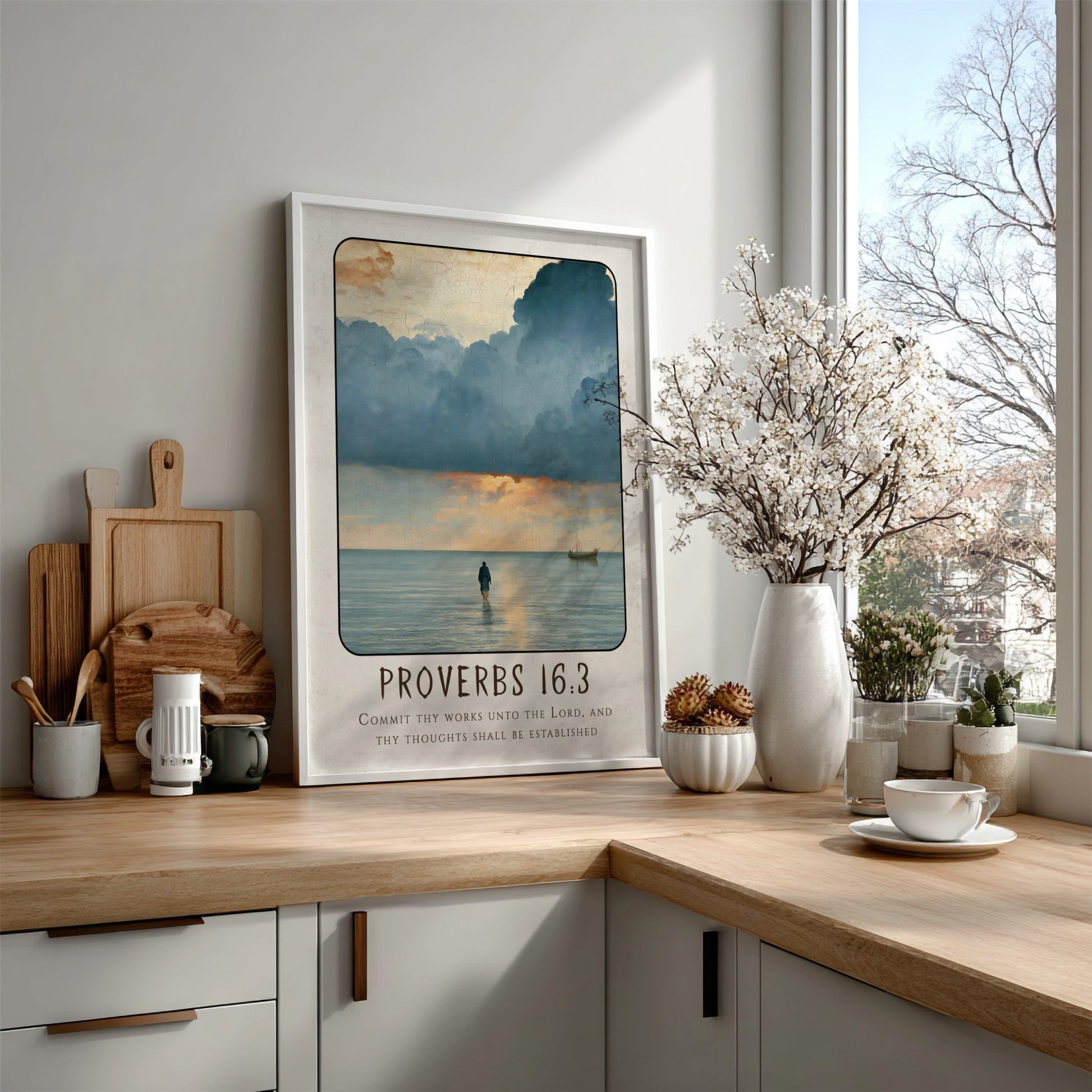 Proverbs 16:3 poster featuring serene seascape with calming colors, inspirational religious art for home