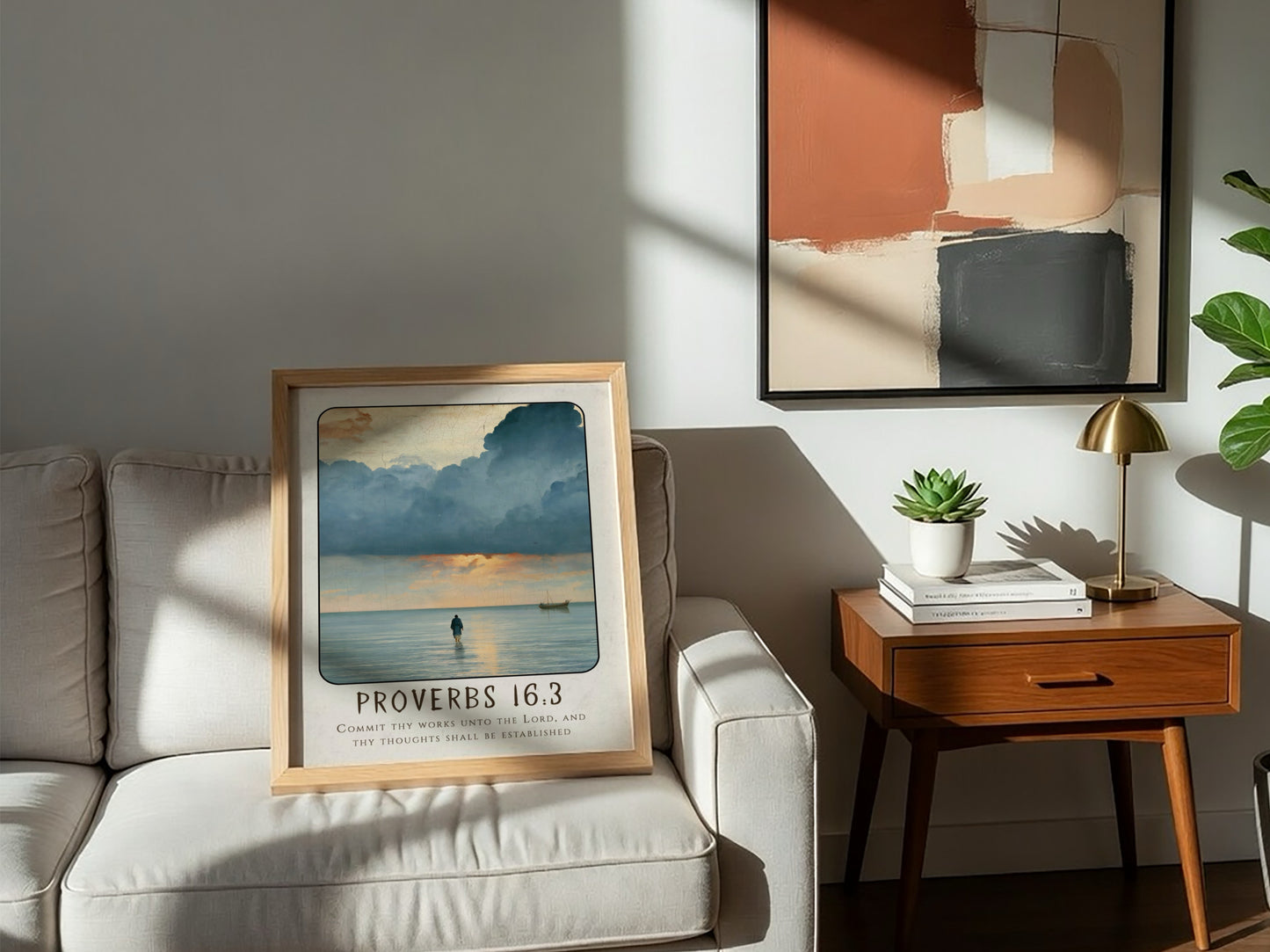 Proverbs 16:3 poster featuring serene seascape with calming colors, inspirational religious art for home