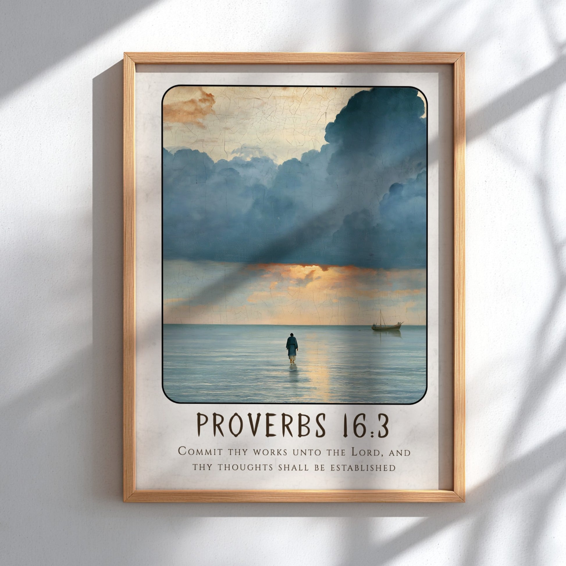 Proverbs 16:3 poster featuring serene seascape with calming colors, inspirational religious art for home