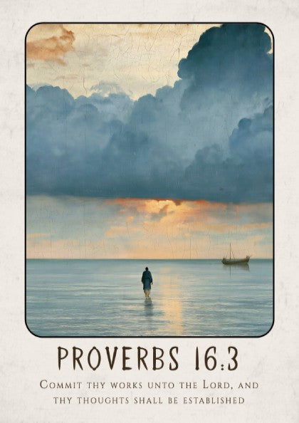 Proverbs 16:3 poster featuring serene seascape with calming colors, inspirational religious art for home