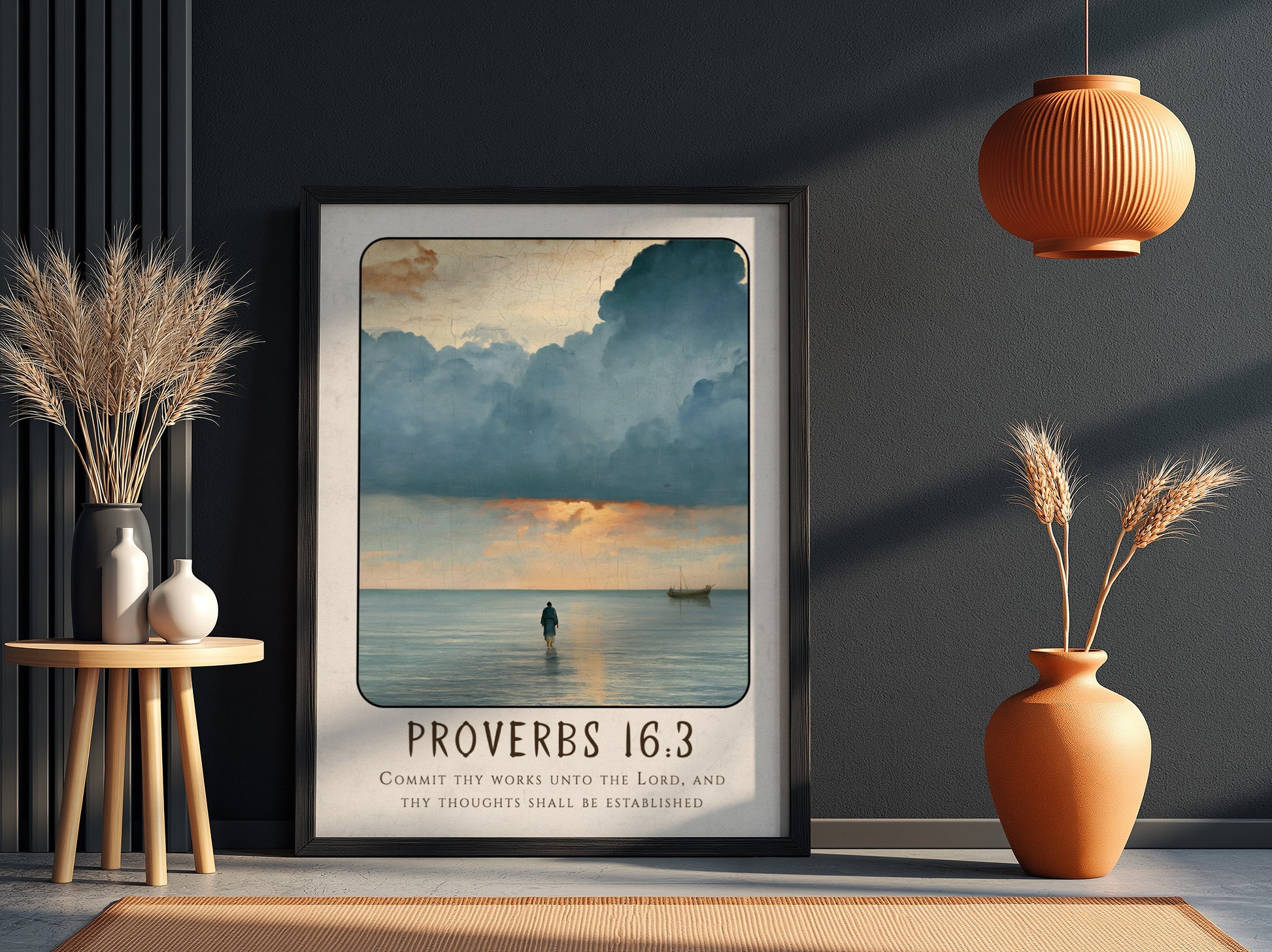 Proverbs 16:3 poster featuring serene seascape with calming colors, inspirational religious art for home