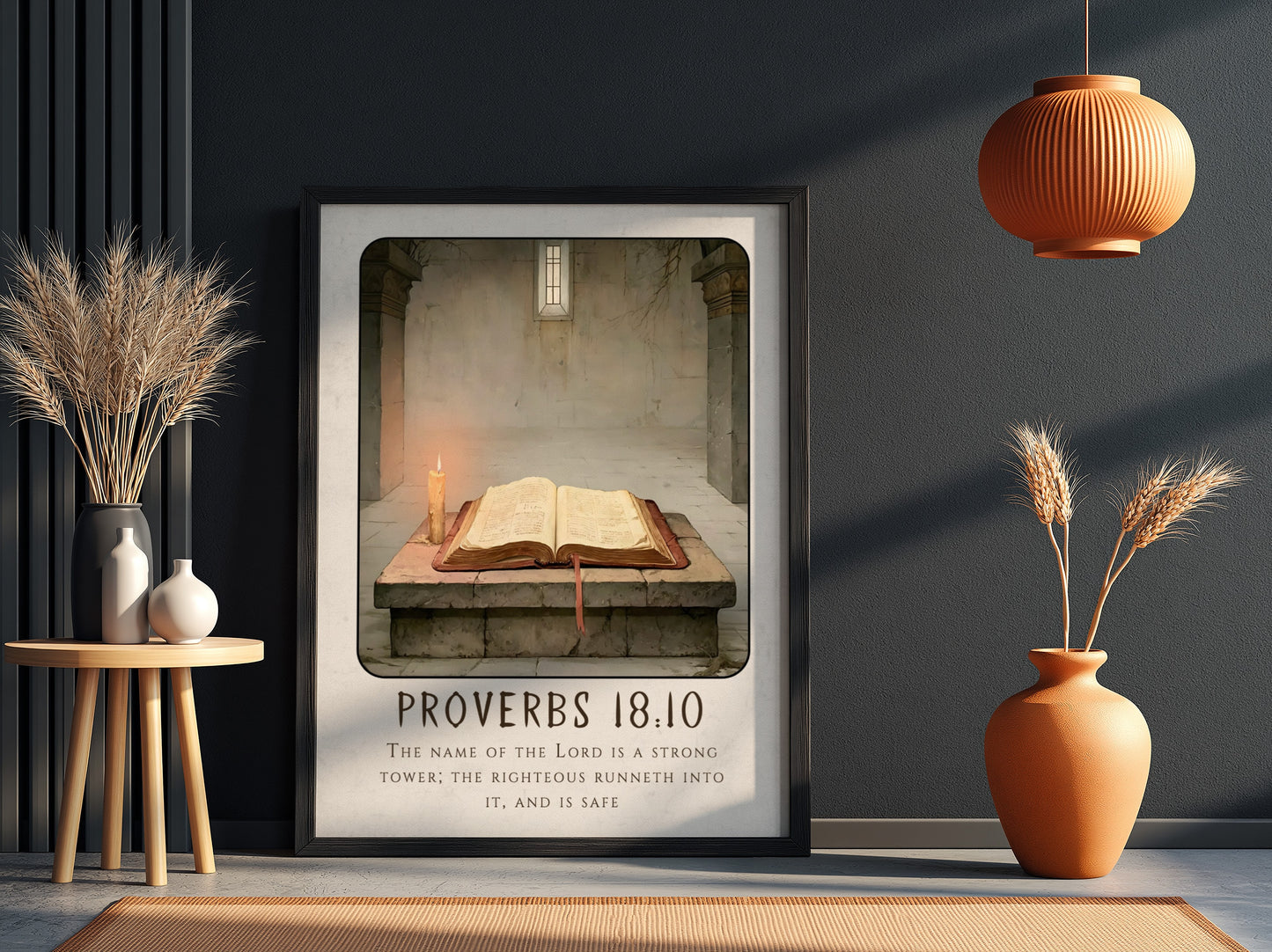 Proverbs 18:10 poster featuring an open Bible and candlelight, Christian wall art for spiritual decor
