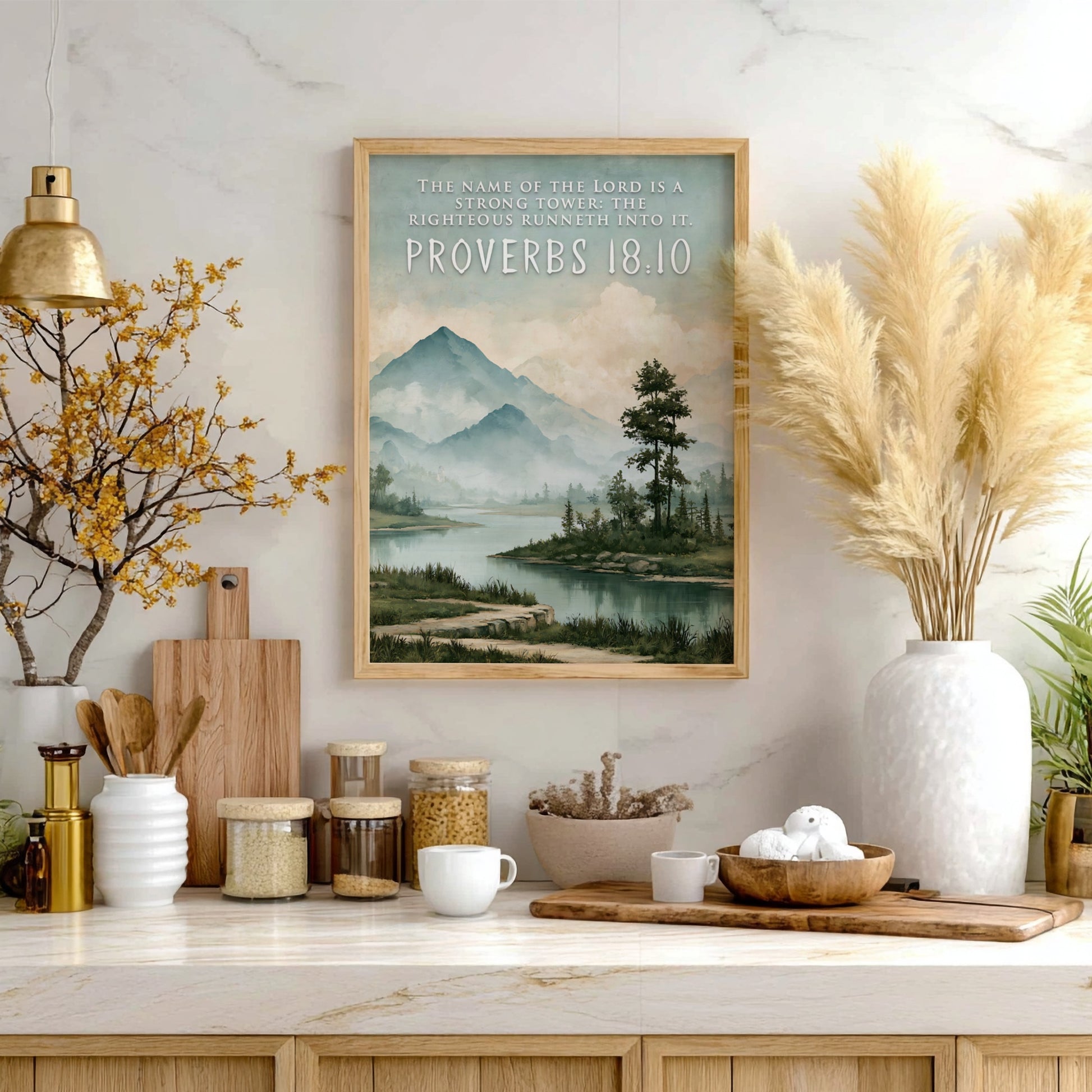 Poster featuring a serene mountain landscape with a river and the Name of the Lord quote.