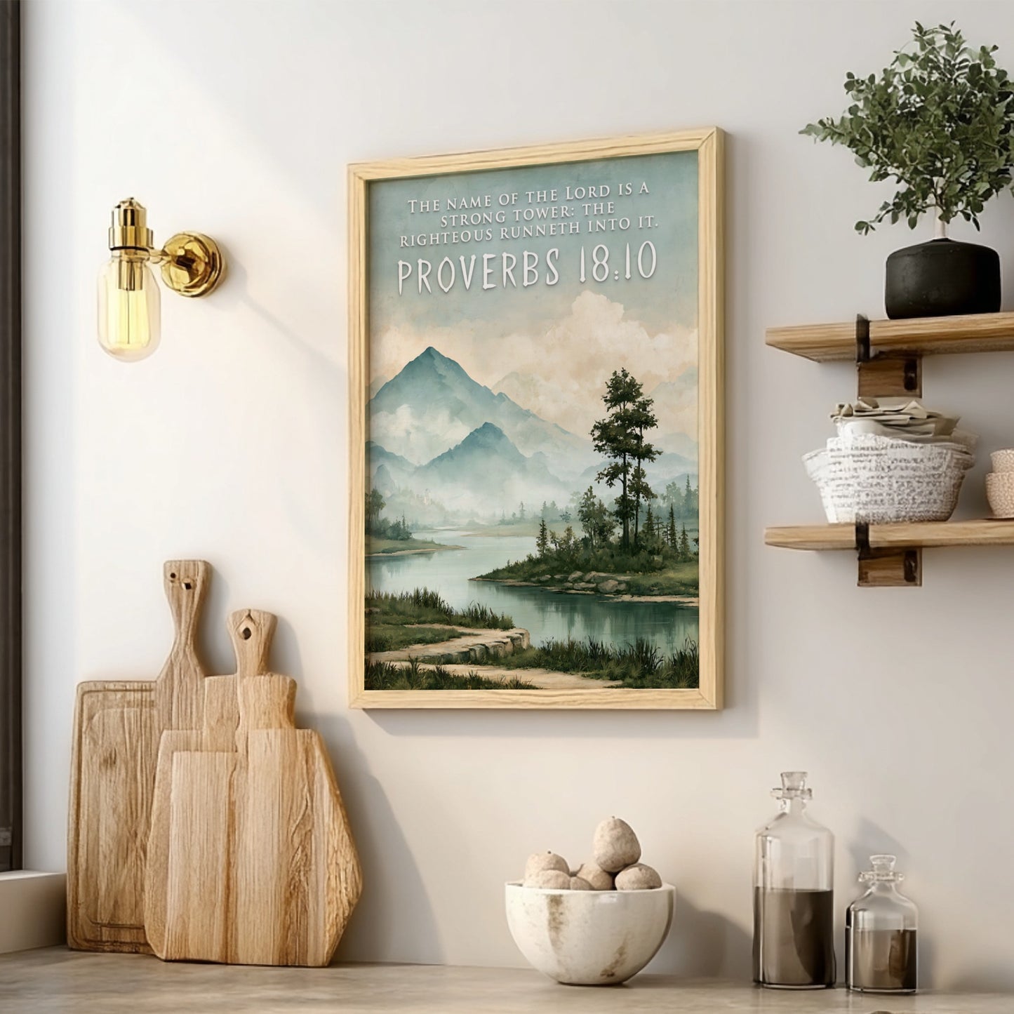 Poster featuring a serene mountain landscape with a river and the Name of the Lord quote.