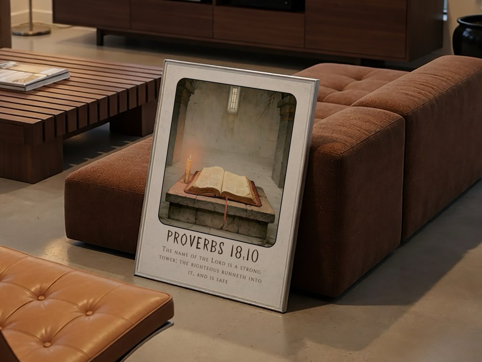 Proverbs 18:10 poster featuring an open Bible and candlelight, Christian wall art for spiritual decor
