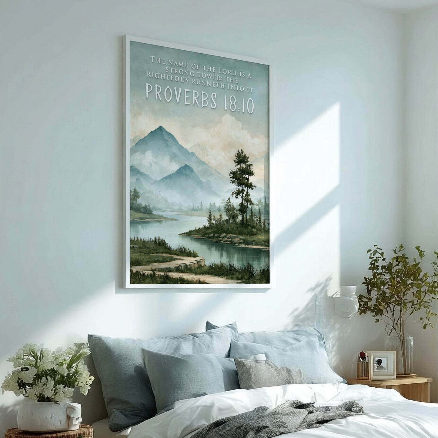 Poster featuring a serene mountain landscape with a river and the Name of the Lord quote.