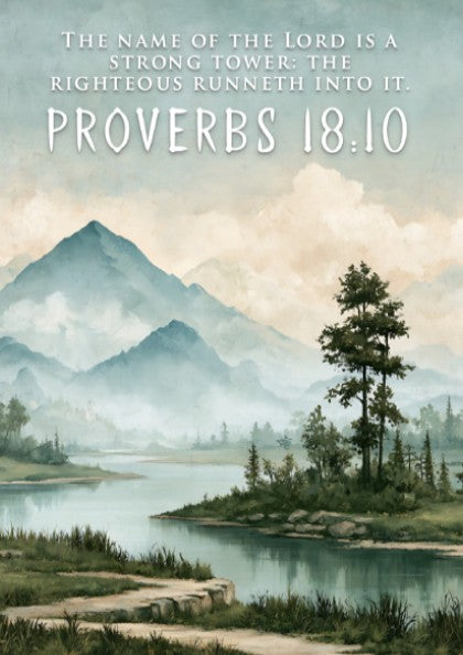 Poster featuring a serene mountain landscape with a river and the Name of the Lord quote.