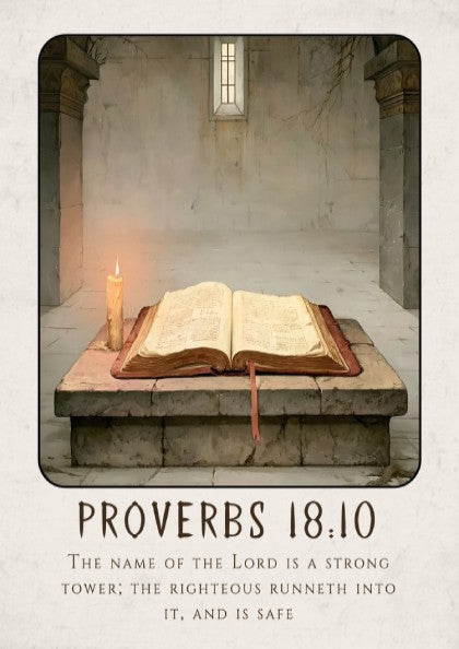 Proverbs 18:10 poster featuring an open Bible and candlelight, Christian wall art for spiritual decor