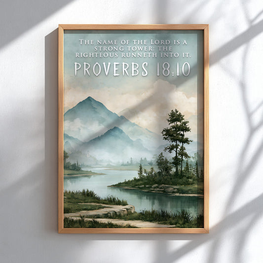 Poster featuring a serene mountain landscape with a river and the Name of the Lord quote.