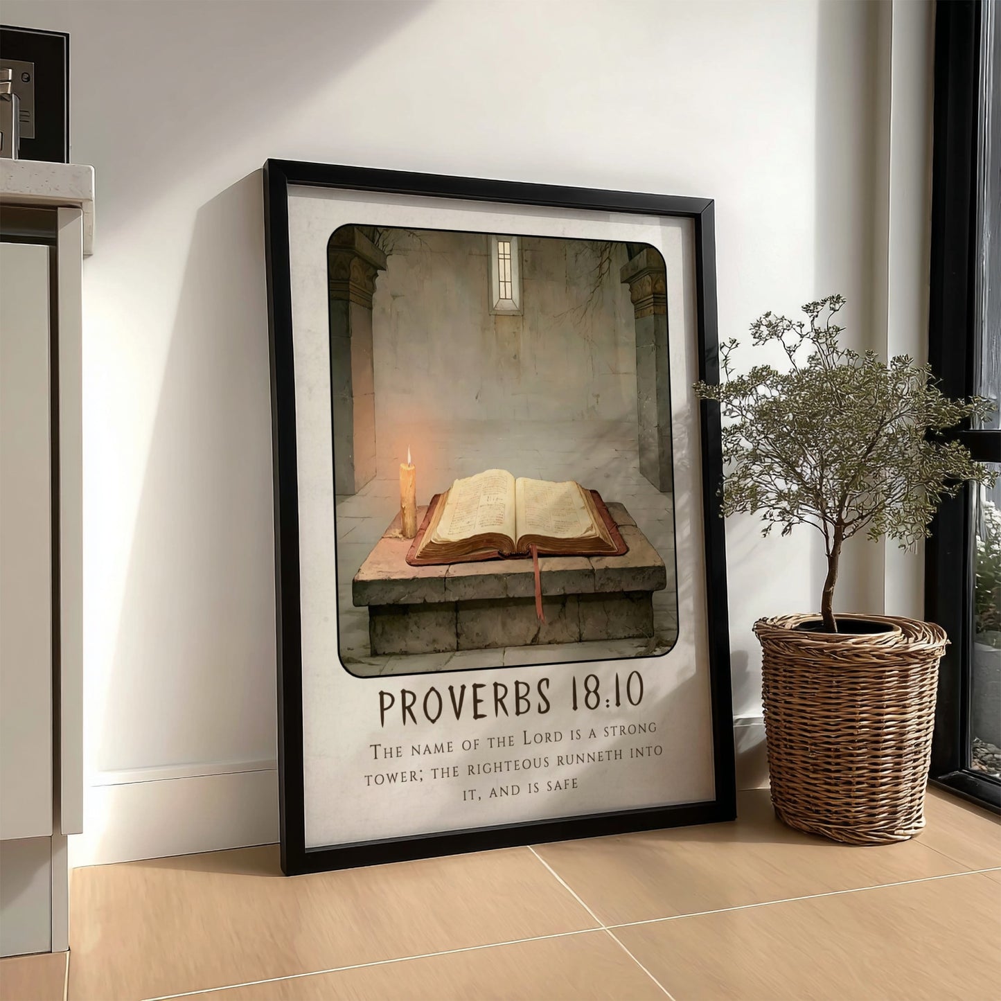 Proverbs 18:10 poster featuring an open Bible and candlelight, Christian wall art for spiritual decor