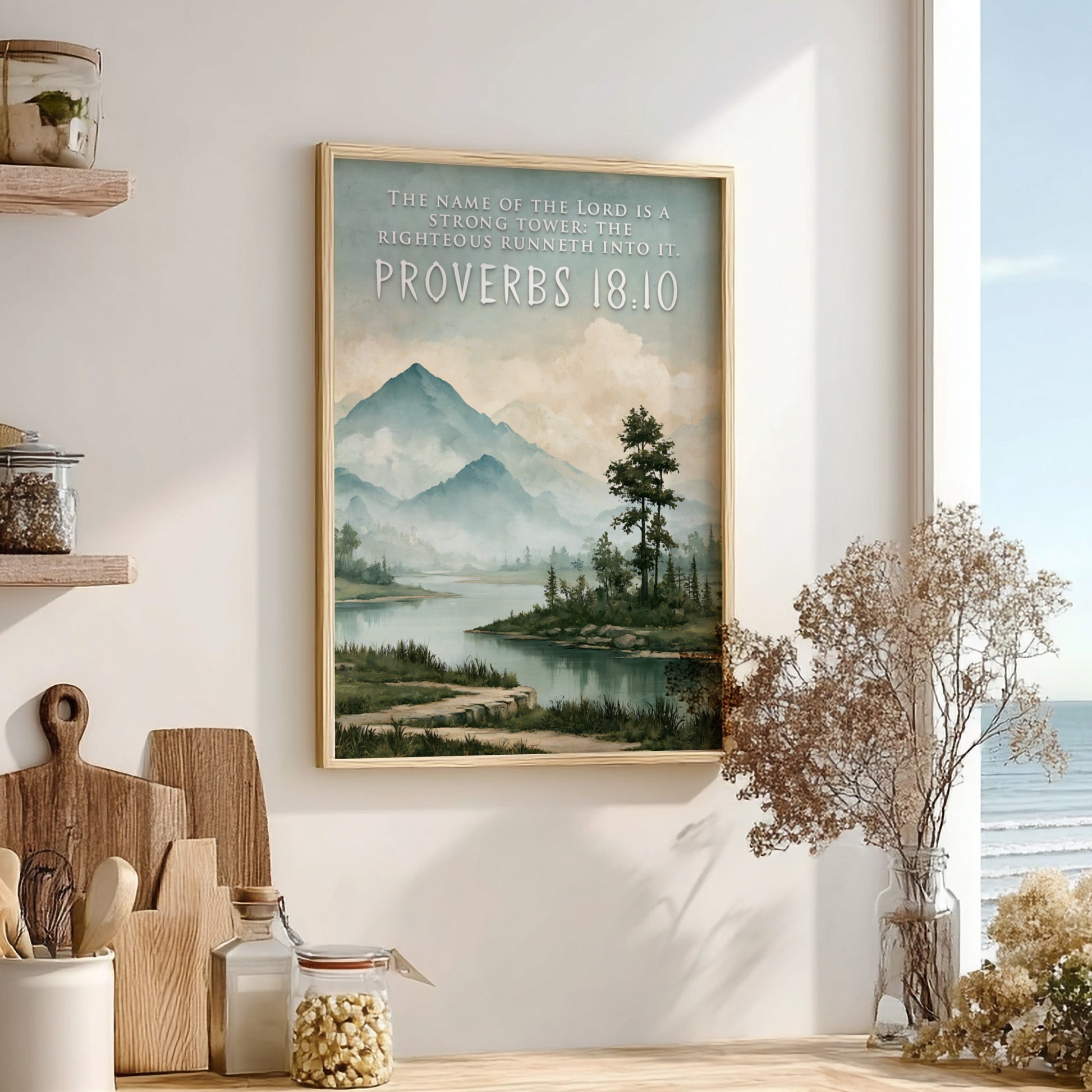 Poster featuring a serene mountain landscape with a river and the Name of the Lord quote.