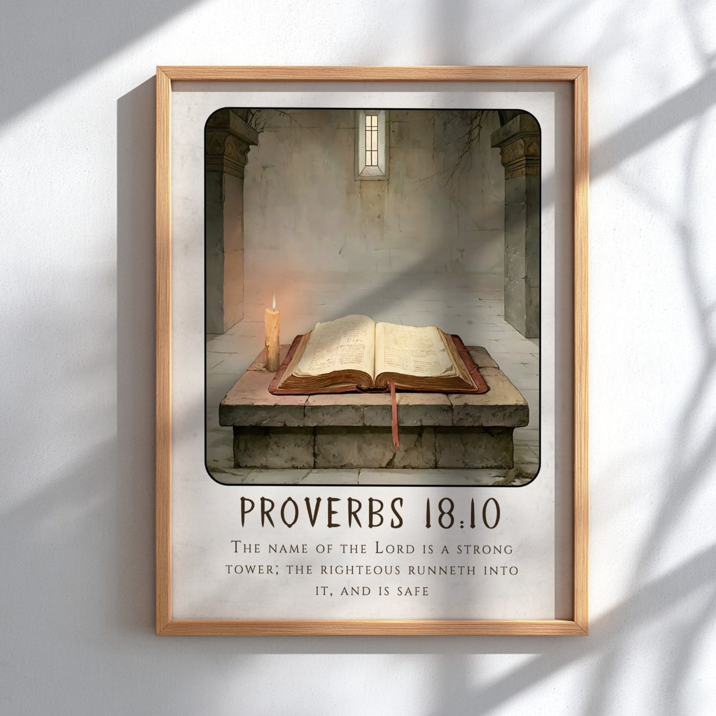Proverbs 18:10 poster featuring an open Bible and candlelight, Christian wall art for spiritual decor