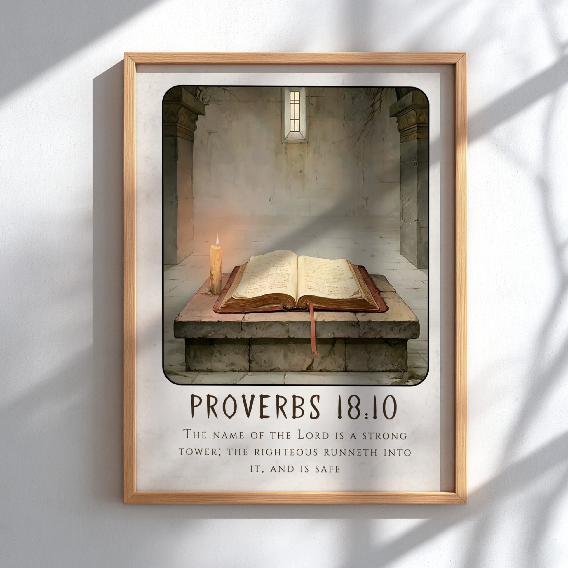 Proverbs 18:10 poster featuring an open Bible and candlelight, Christian wall art for spiritual decor