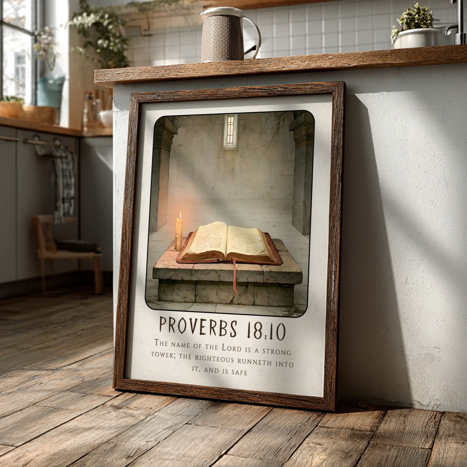 Proverbs 18:10 poster featuring an open Bible and candlelight, Christian wall art for spiritual decor