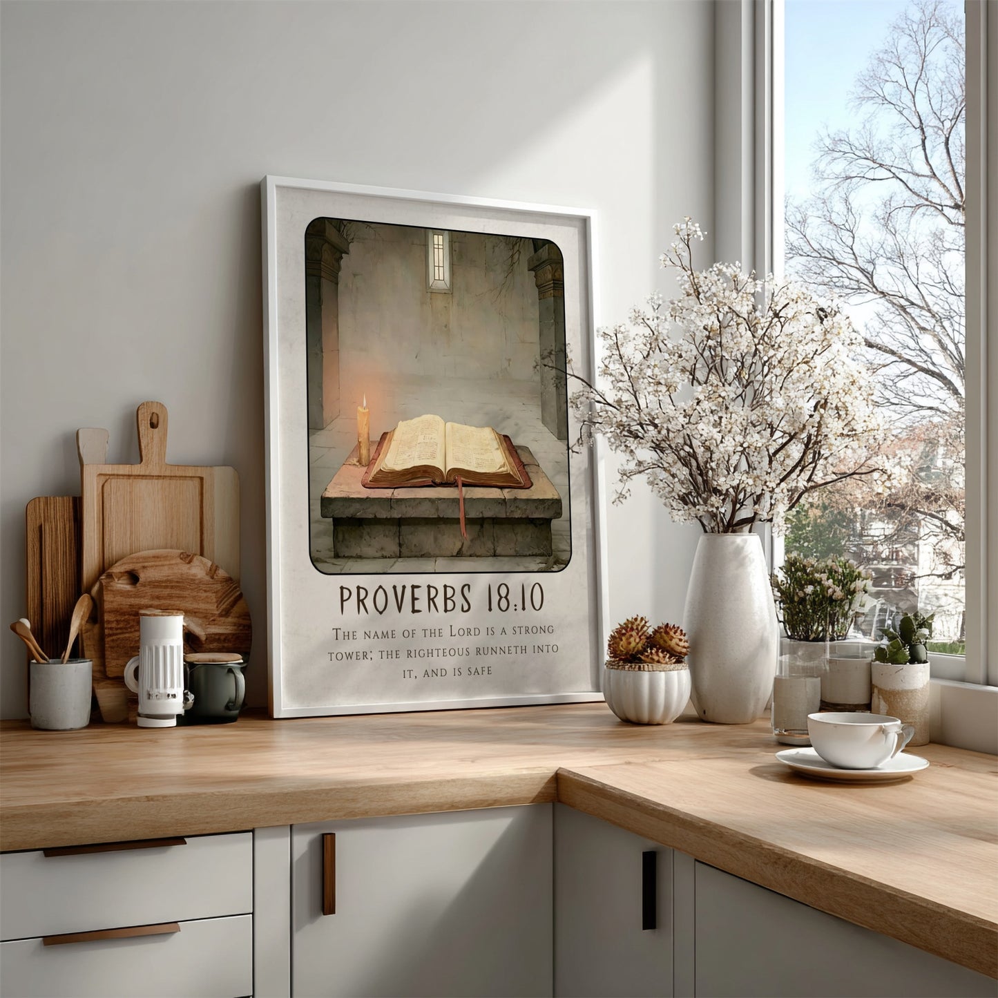 Proverbs 18:10 poster featuring an open Bible and candlelight, Christian wall art for spiritual decor