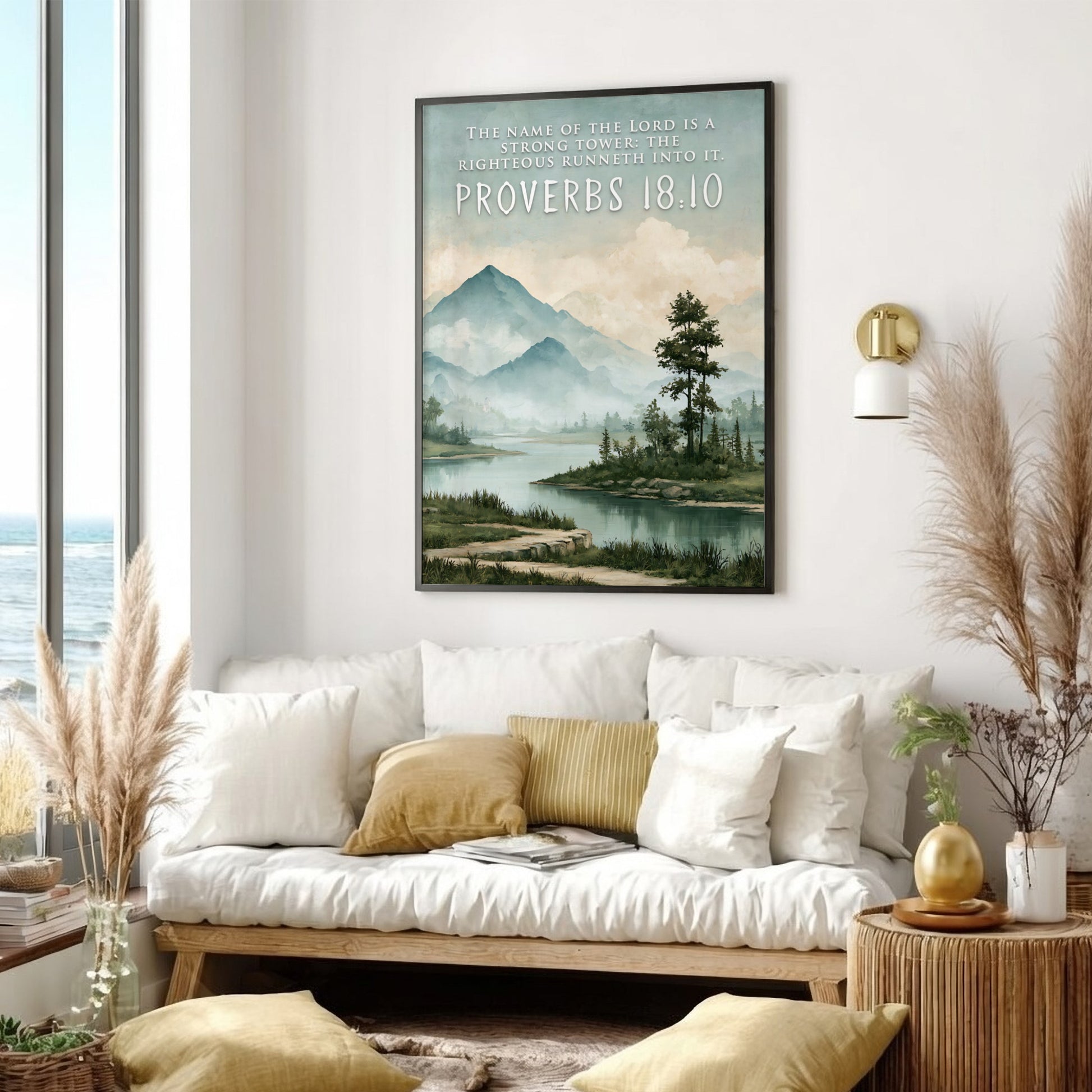 Poster featuring a serene mountain landscape with a river and the Name of the Lord quote.