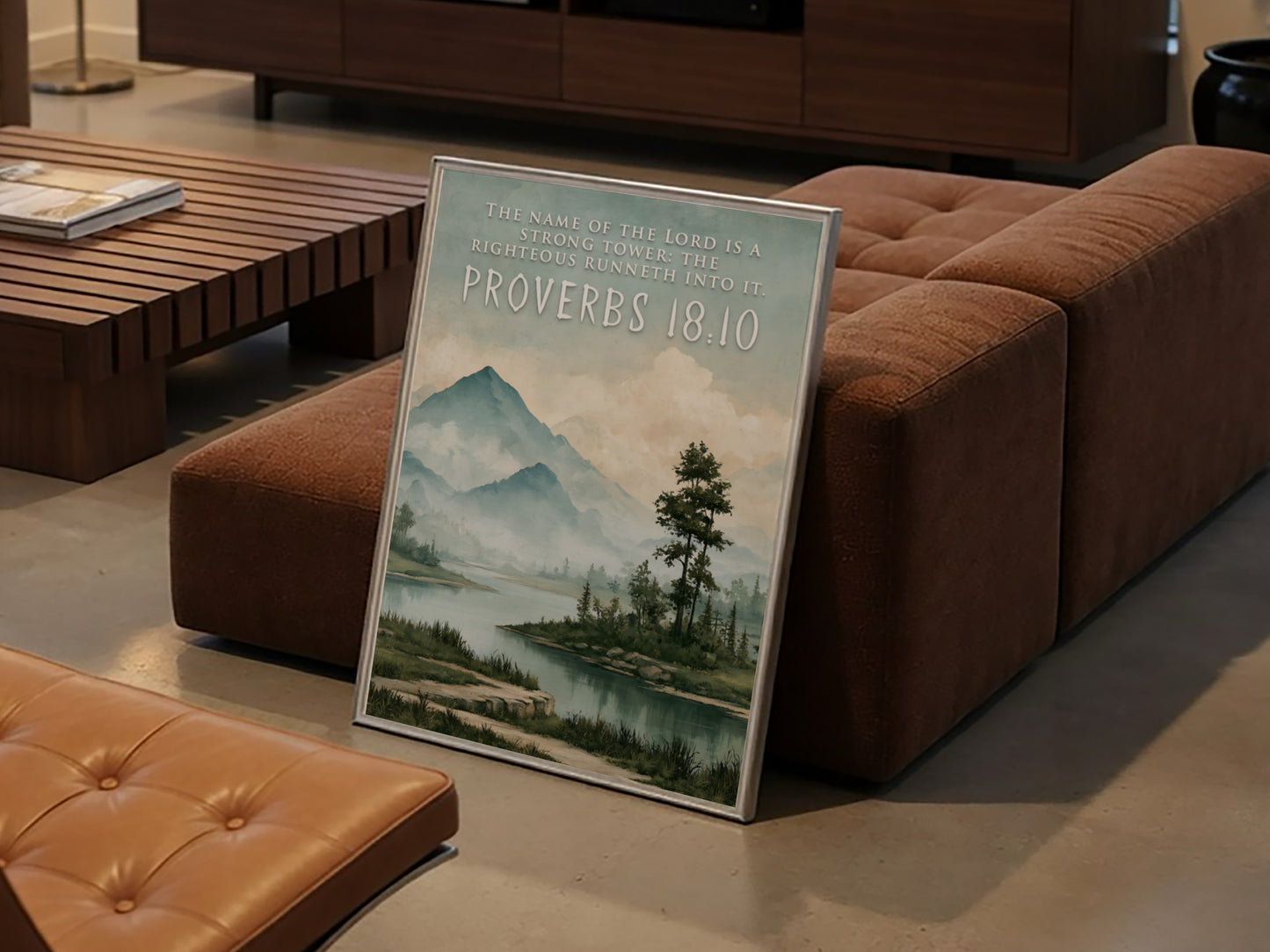 Poster featuring a serene mountain landscape with a river and the Name of the Lord quote.