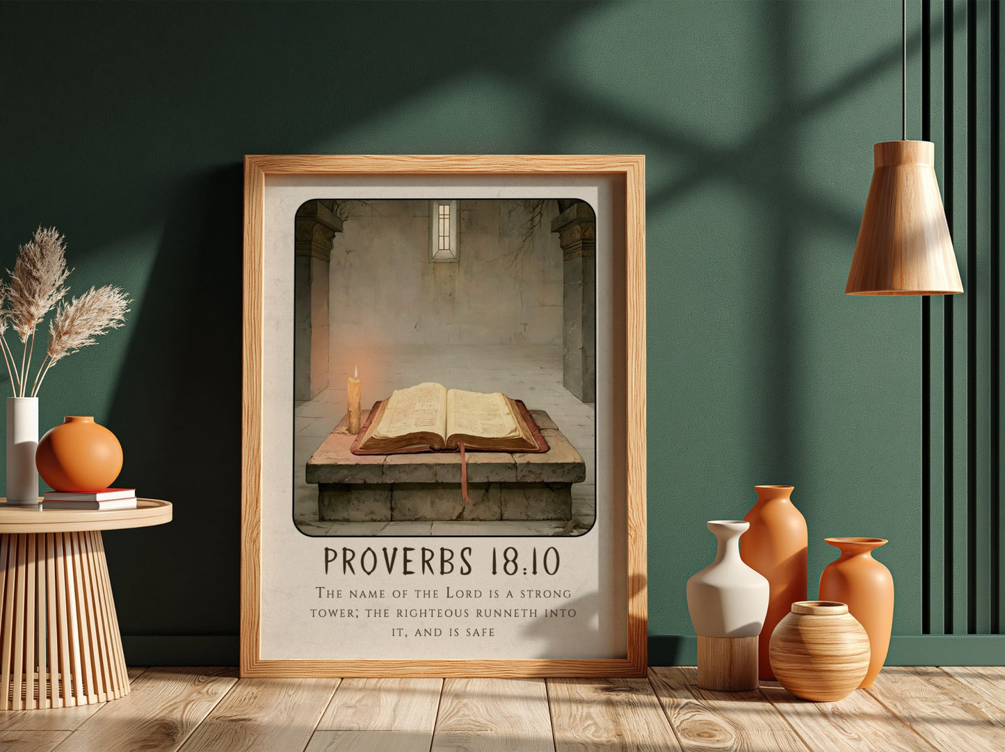 Proverbs 18:10 poster featuring an open Bible and candlelight, Christian wall art for spiritual decor