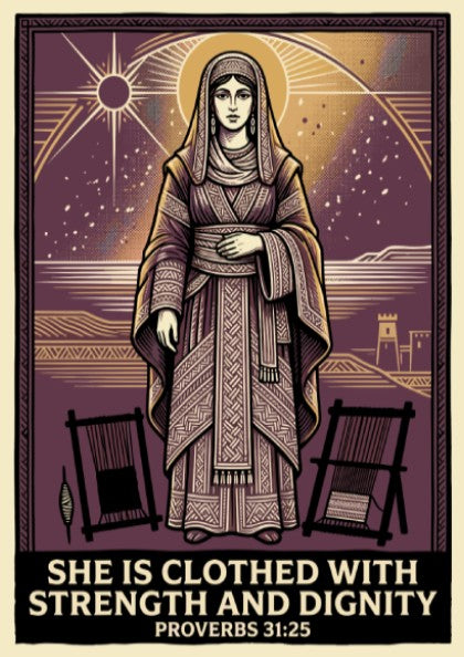 Poster featuring a woman in purple robes with the quote She Is Clothed With Strength