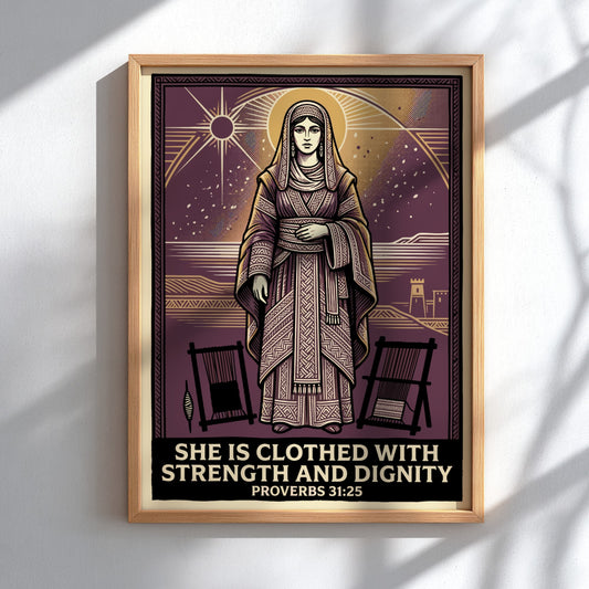 Poster featuring a woman in purple robes with the quote She Is Clothed With Strength
