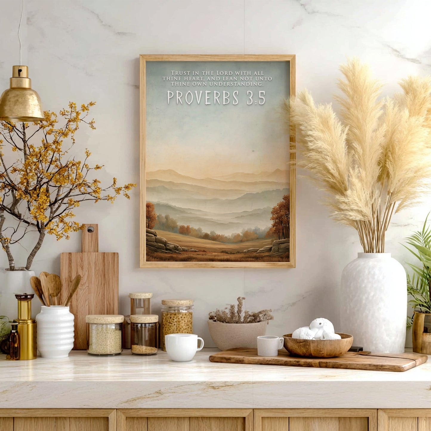 Poster featuring Proverbs 3:5 quote over a serene landscape of golden autumn hills.