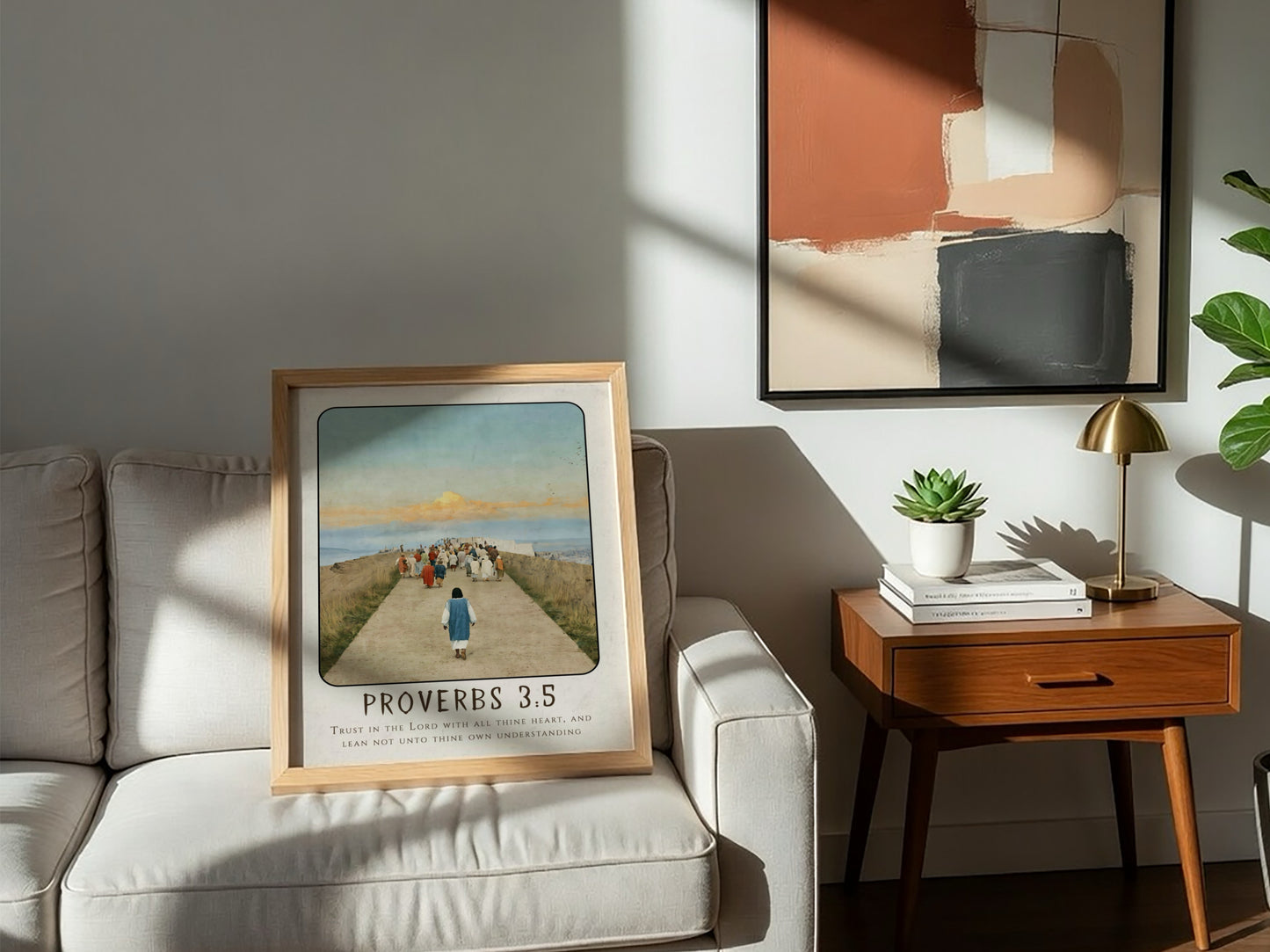 Proverbs 3:5 poster featuring a serene pathway and warm colors, inspirational religious artwork for home