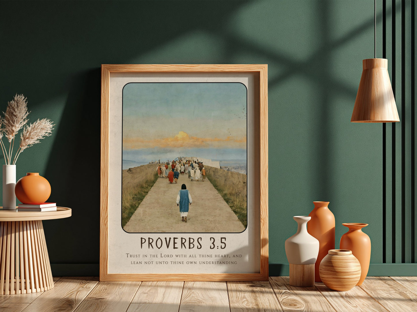 Proverbs 3:5 poster featuring a serene pathway and warm colors, inspirational religious artwork for home