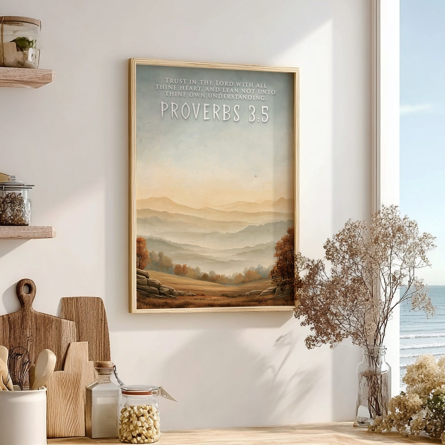 Poster featuring Proverbs 3:5 quote over a serene landscape of golden autumn hills.