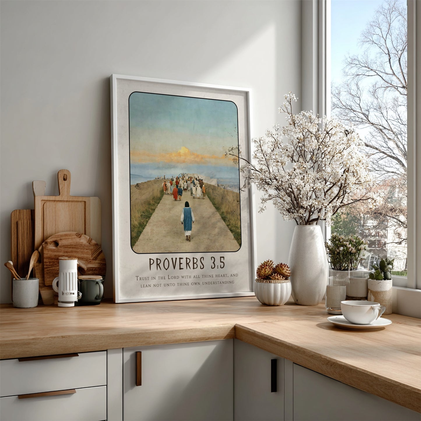 Proverbs 3:5 poster featuring a serene pathway and warm colors, inspirational religious artwork for home