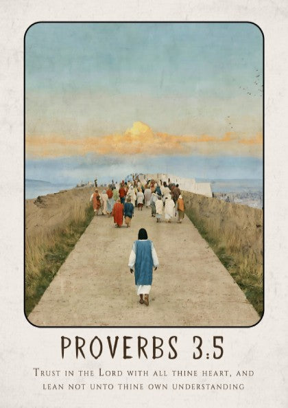 Proverbs 3:5 poster featuring a serene pathway and warm colors, inspirational religious artwork for home