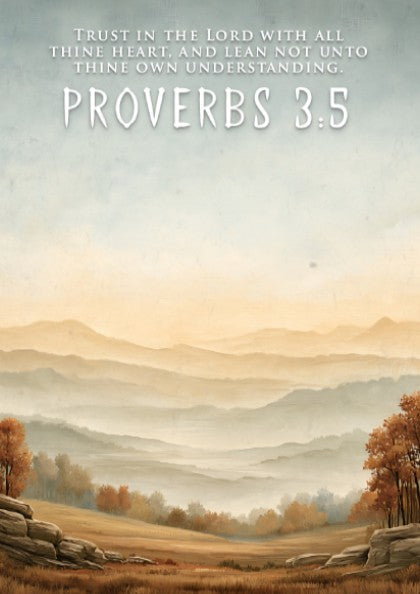 Poster featuring Proverbs 3:5 quote over a serene landscape of golden autumn hills.