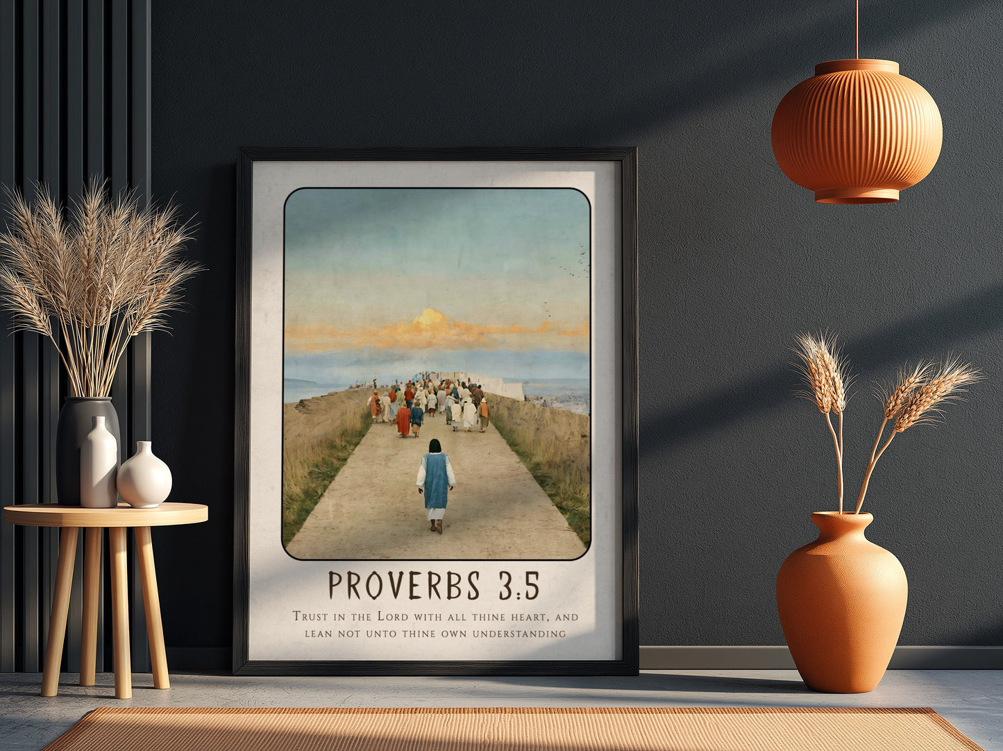 Proverbs 3:5 poster featuring a serene pathway and warm colors, inspirational religious artwork for home