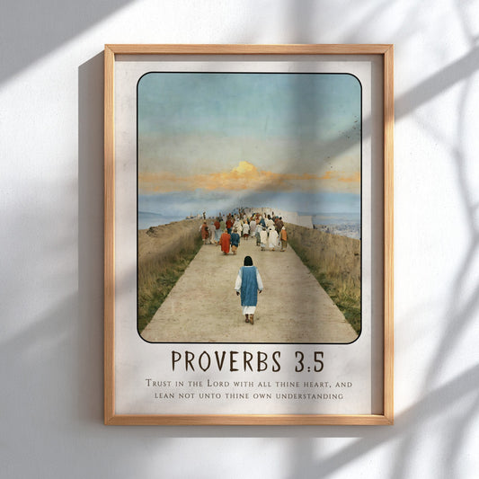 Proverbs 3:5 poster featuring a serene pathway and warm colors, inspirational religious artwork for home