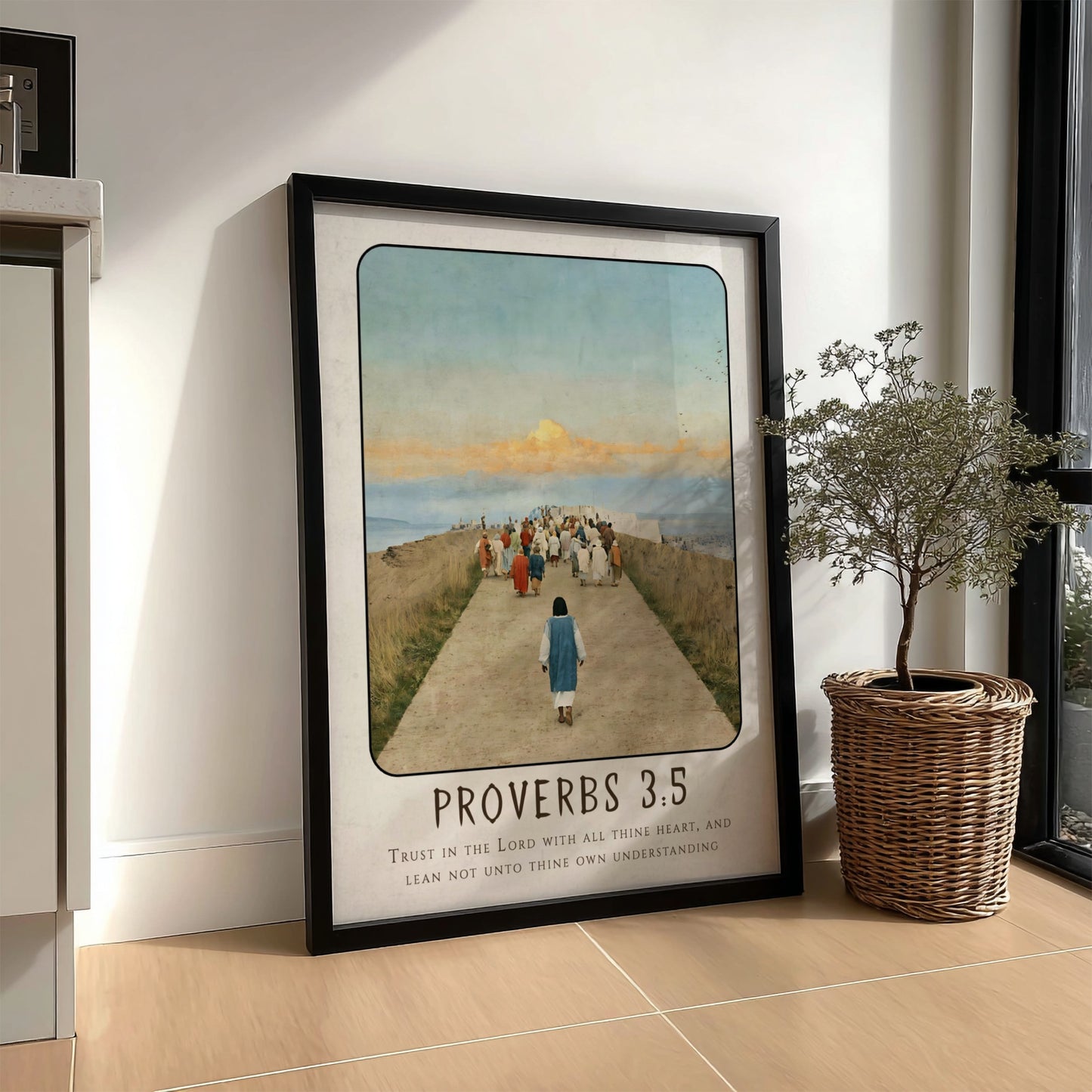 Proverbs 3:5 poster featuring a serene pathway and warm colors, inspirational religious artwork for home