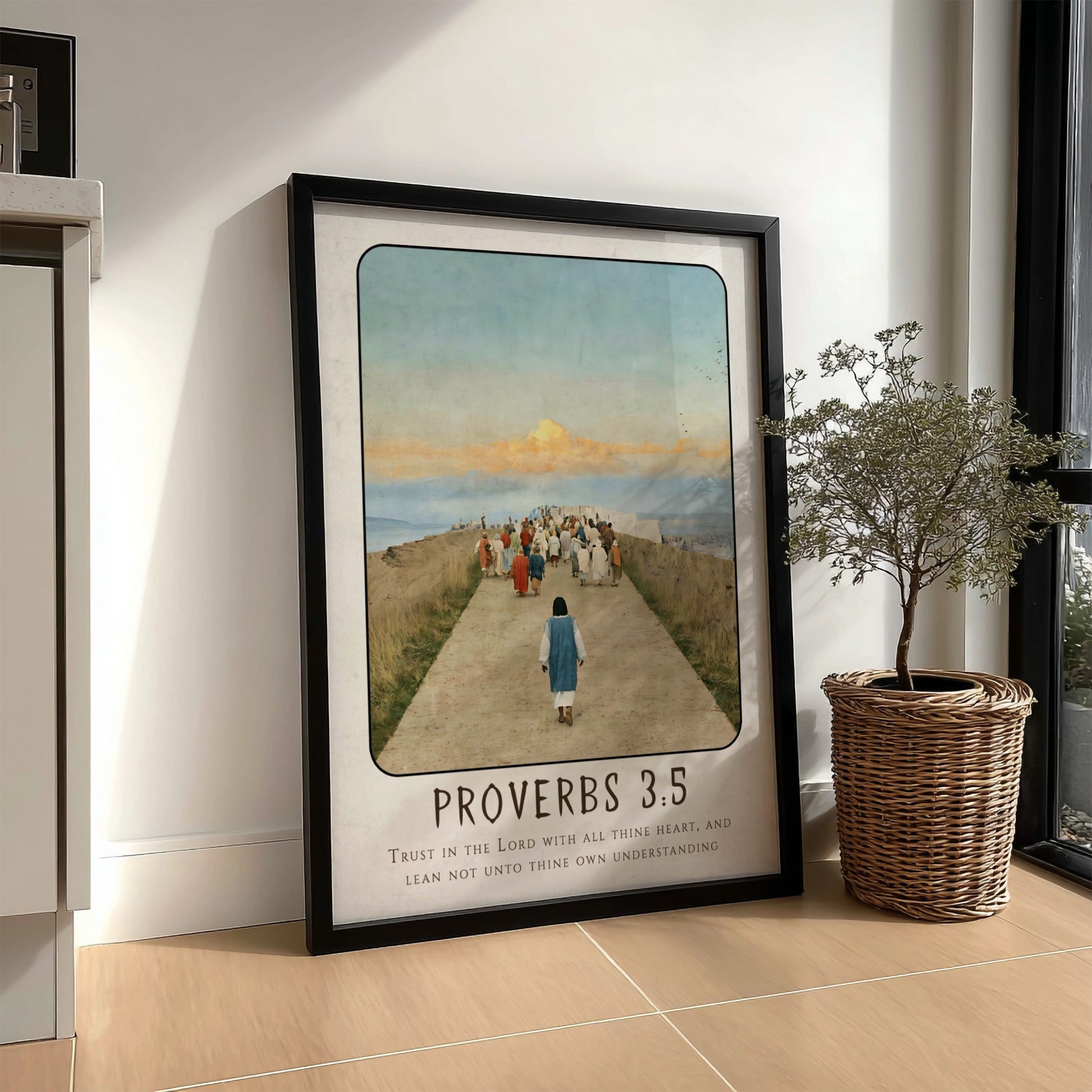 Proverbs 3:5 poster featuring a serene pathway and warm colors, inspirational religious artwork for home